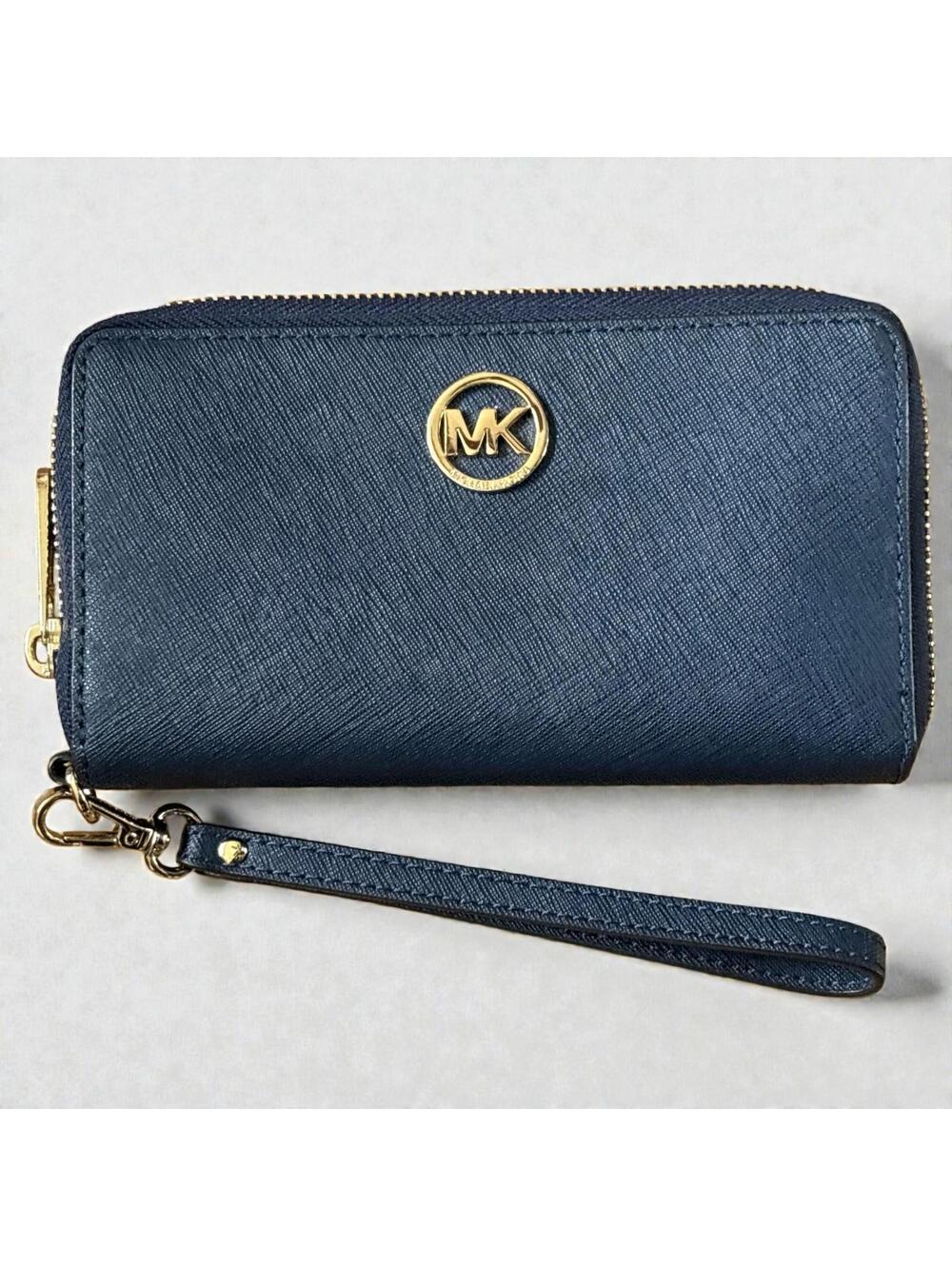 Michael Kors Fulton Large Wallet Travel Saffiano Leather Wristlet Blue